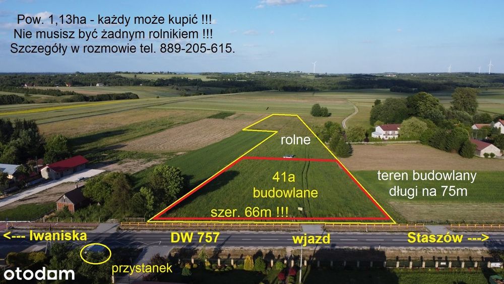 działka budowlano - rolna szeroka 66m !!! przy drodze wojewódzkiej