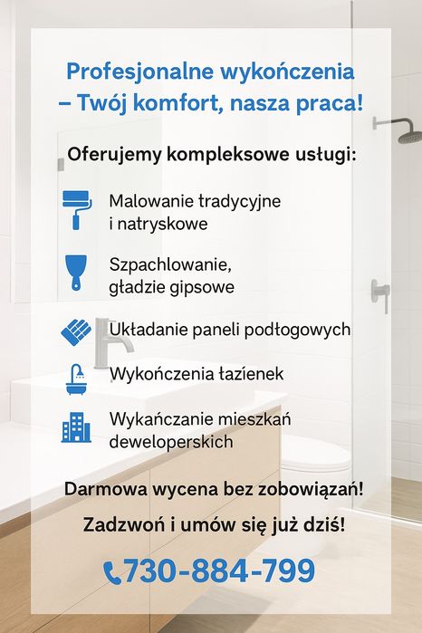 Wykończenia wnętrz, gładzie metodą natryskową, remonty