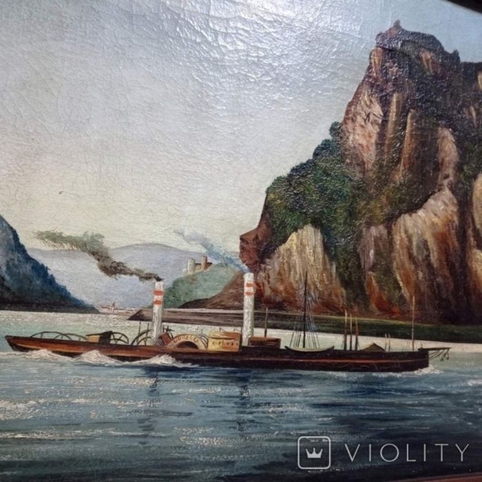 Старинная картина "Колесный военный фрегат Loreley", E.Lorenz, 1809 г