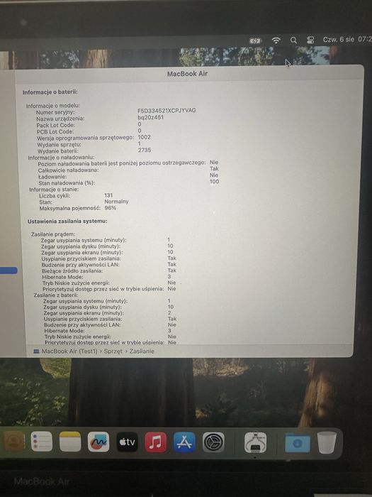 MacBook Air 13" M1 / 16GB RAM / 512GB SSD / Bateria 96% / Stan BDB