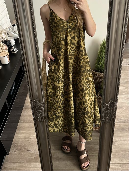 Sukienka ZARA lato wakacje wzory bawełna panterka dekolt