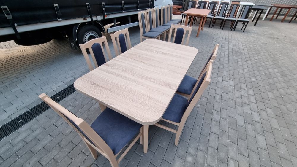 Nowe: Stół 80x140/180 + 6 krzeseł, sonoma + metaliczny granat ,TRANSPL