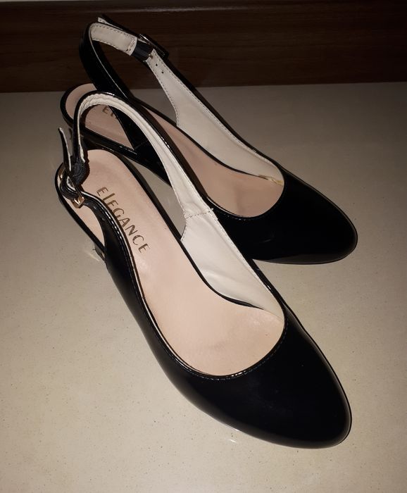 Pantofle czółenka 37 czarne złote biuro praca lato wesele ślub