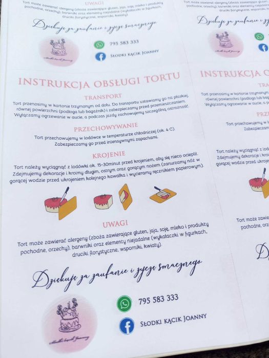 Instrukcja krojenia i obsługi tortu etykieta samoprzylepna naklejka A6