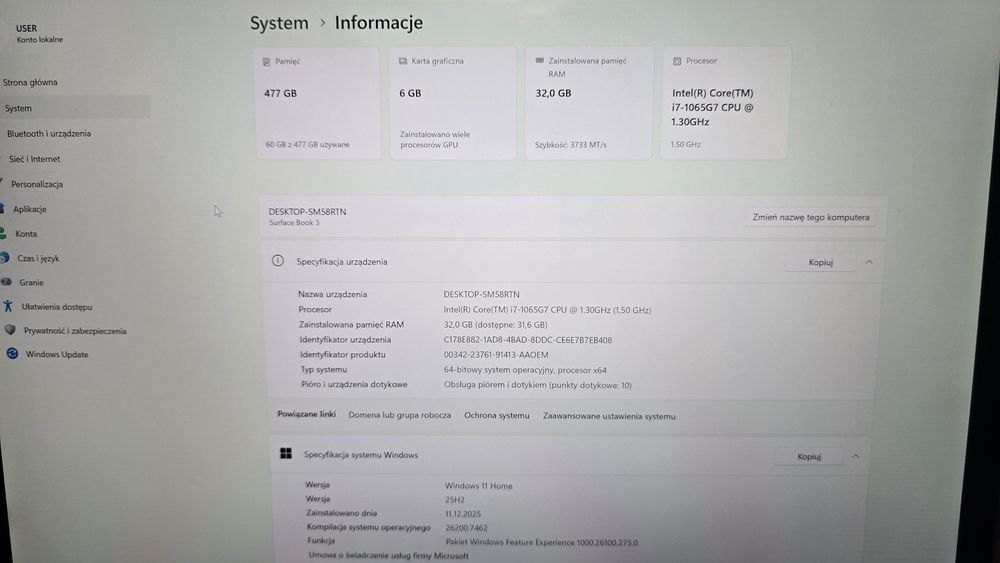 Microsoft surface book 3 i7 10gen GTX1660Ti maxq 6gb 32gb ram W11 doty