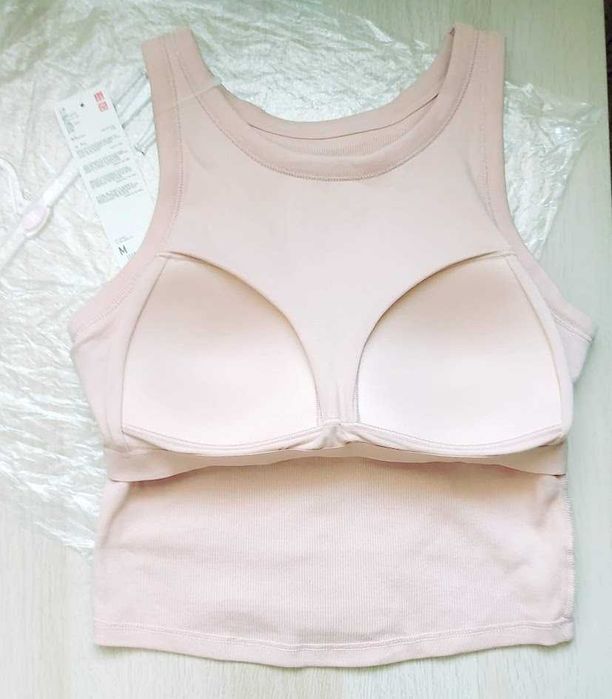 Uniqlo братоп майка з вбудованим бра в рубчик рожева