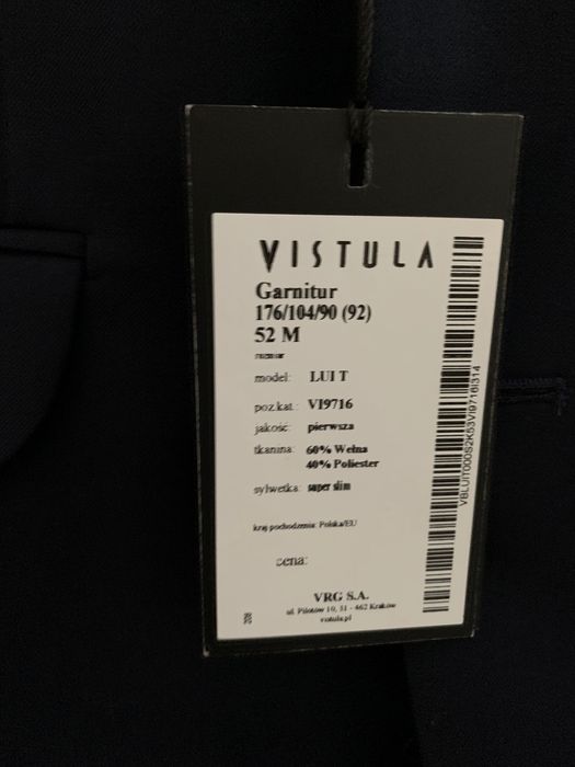Vistula NOWY garnitur LUIT granatowy super slim roz. 52 M wełna