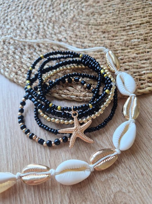 Zestaw bransoletek na rękę czarne złote muszelki koraliki