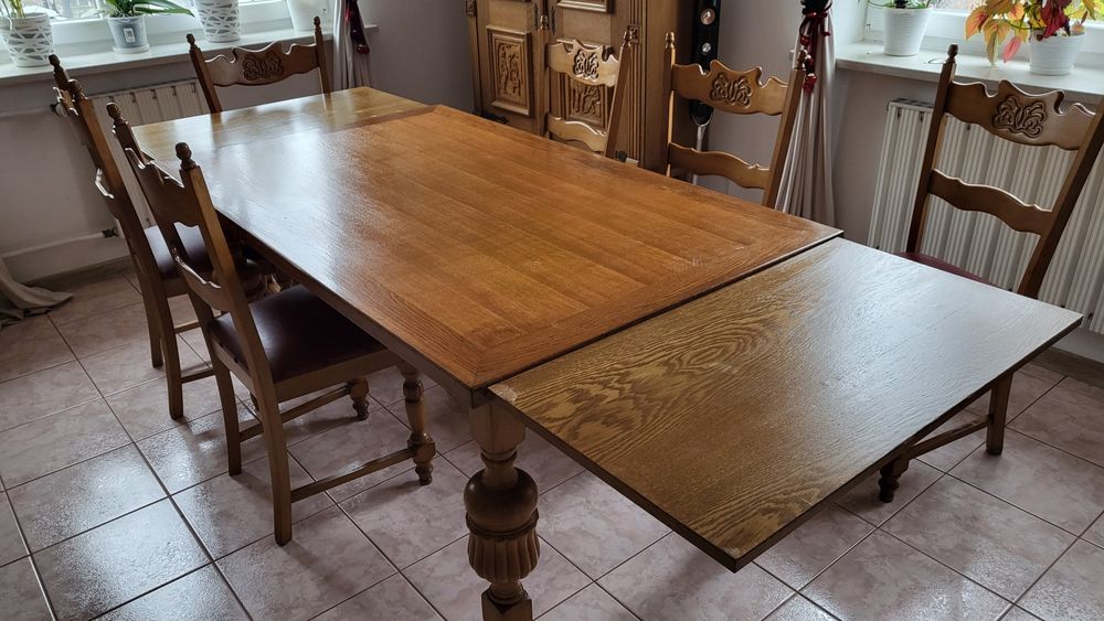 Stół dębowy antyk rozkladany z krzesłami