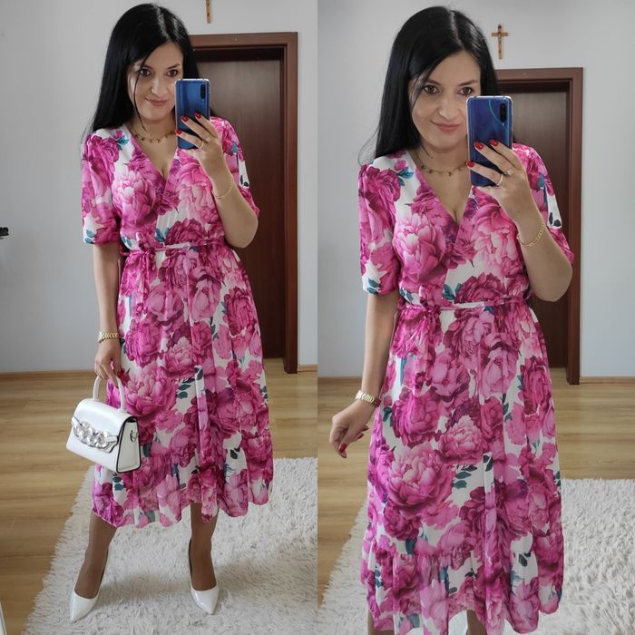 Sukienka MIDI w kwiaty wesele komunia chrzciny