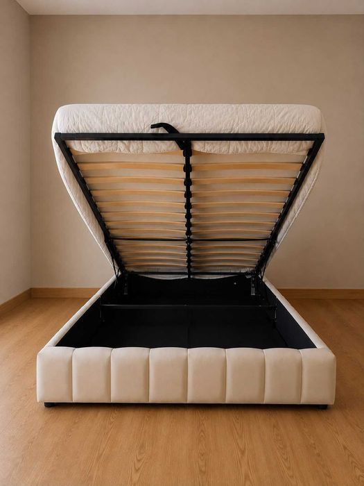 Cama de casal bege de veludo 140x200cm c/armazenamento (Nova)