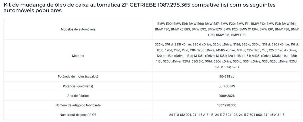 Kit de mudança de óleo de caixa automática ZF 1087.298.365 para BMW e outras