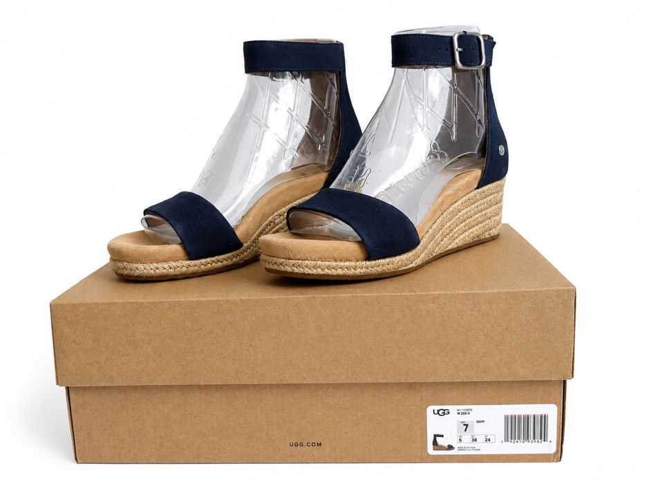 Жіночі босоніжки UGG Zoe II оригінал замшеві темно-сині на танкетці 38