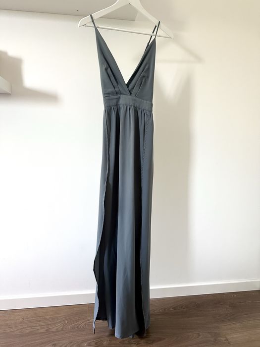 Stalowo-niebieska wizytowa sukienka suknia maxi maksi letnia zwiewna