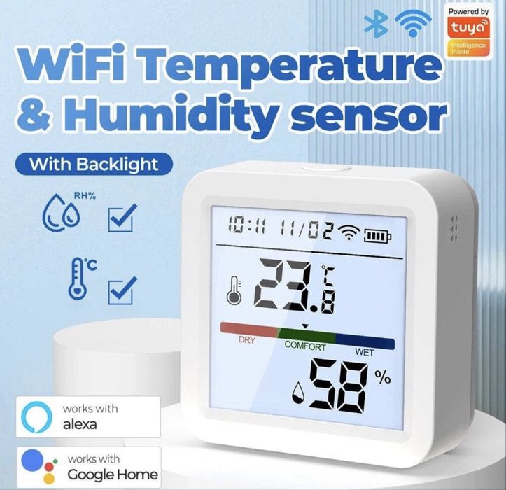 Wi-Fi датчик температури та вологості Tuya, SmartLife з РК дисплеєм