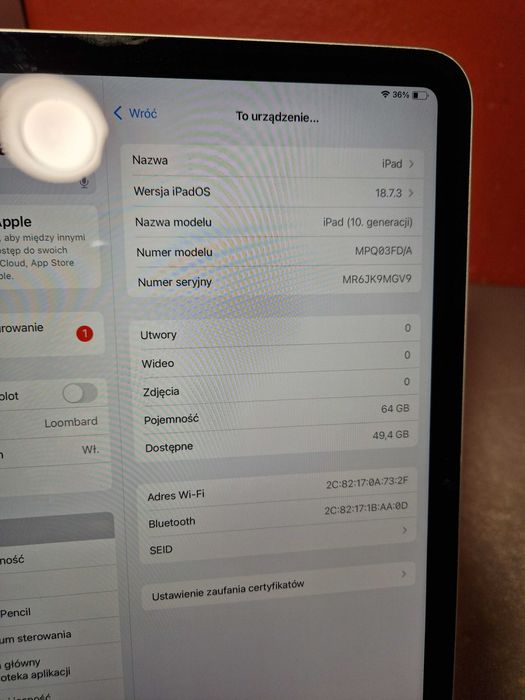 Tablet Apple iPad (10th gen) WI-FI 10,9" 4/64GB kondycja baterii 91%