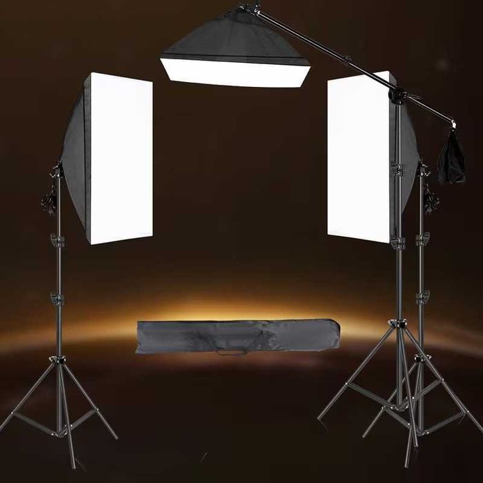 Estúdio fotografia com 3 softbox e lâmpadas total 120w 5500k