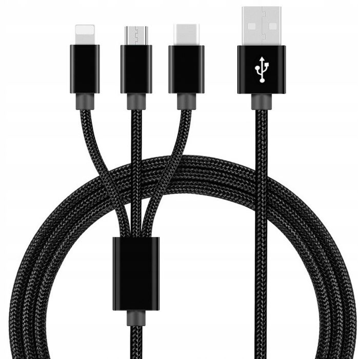 Kabel USB 3w1 USB-C + Micro USB + Lightning iPhone 1,2m ładowania