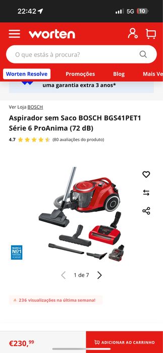 Aspirador sem Saco BOSCH BGS41PET1 Série 6 ProAnima (72 dB)