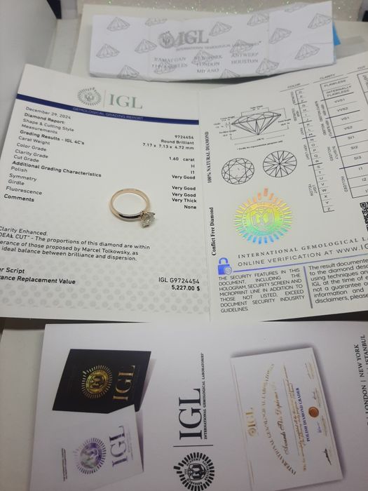 1.60 ct H / I1 натуральный бриллиант сертификат,  золотое кольцо.