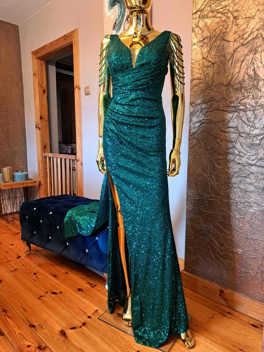 Suknia wieczo na sylwestra studniówkę Glossy Emerald R34 Polski produc