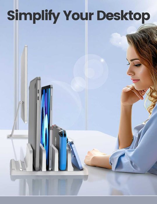 Vaydeer 5‑in‑1 – Pionowy stojak na laptopy, 3 regulowane sloty, ABS, organizer biurkowy