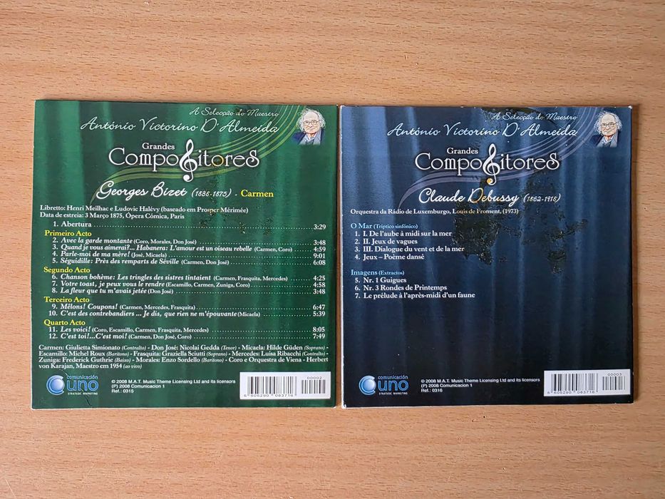 2 CDs de música clássica com a "Carmen" de Bizet e "O Mar" de Debussy