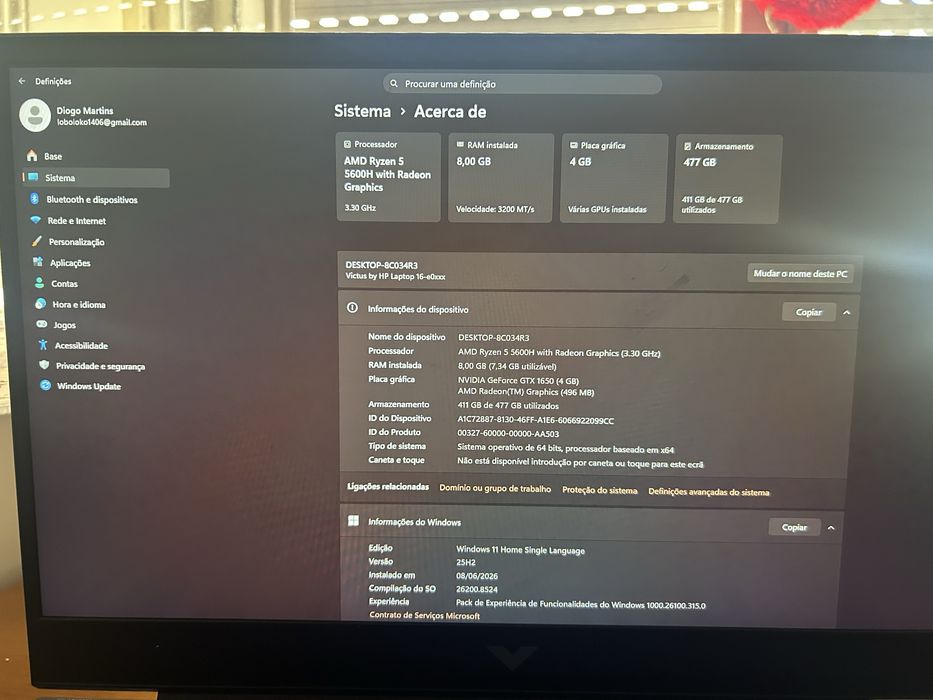 Portátil Gaming HP Victus 16 | Ryzen 5 | GTX 1650 | 512GB SSD (Bom Estado)