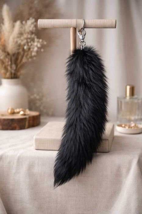 Czarna Kita Lisa 30–40 cm Naturalne Futro Brelok Karabińczyk