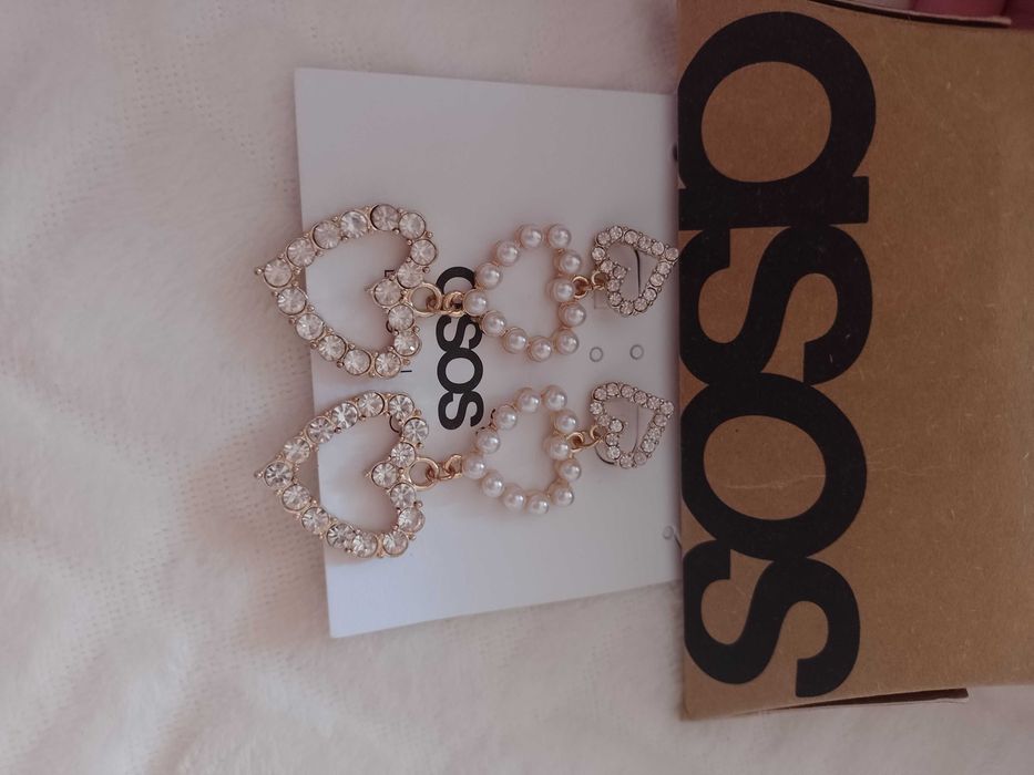 ASOS/ Długie, Bogato zdobione kolczyki, serca, perły, NOWE