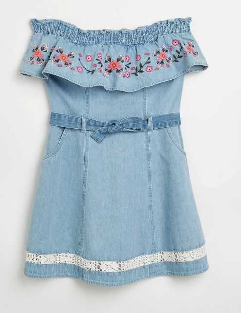 Dżinsowa sukienka River Island falbanka haft 152 jeans odkryte ramiona