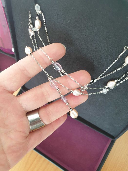 Zestaw Komplet: naszyjnik kolczyki Serbro 925 Perły i Ametysty