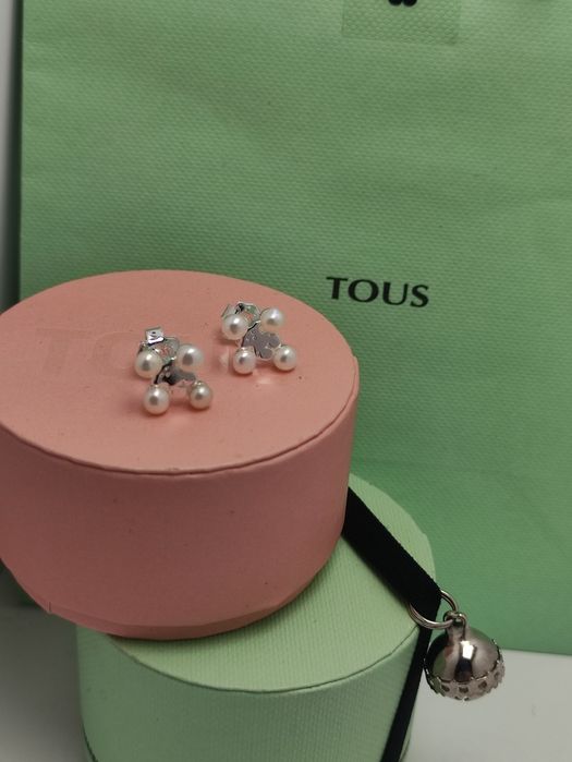 Kolczyki srebrne z misiem i perłą naturalną