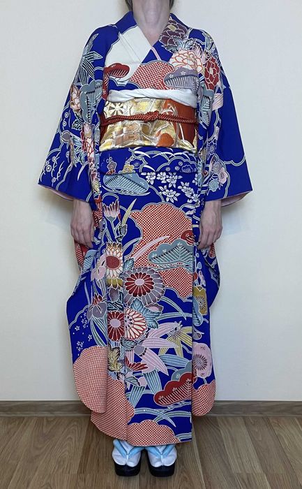 Japońskie kimono furisode + pas obi + sznur obijime + obiage