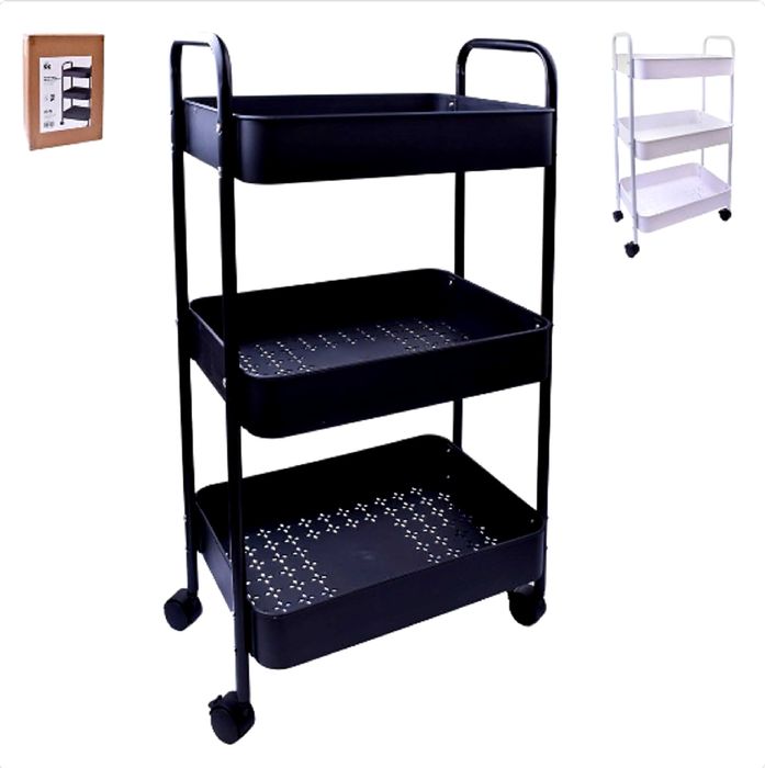 Carrinho arrumação em metal com 3 prateleira, cores preto ou branco