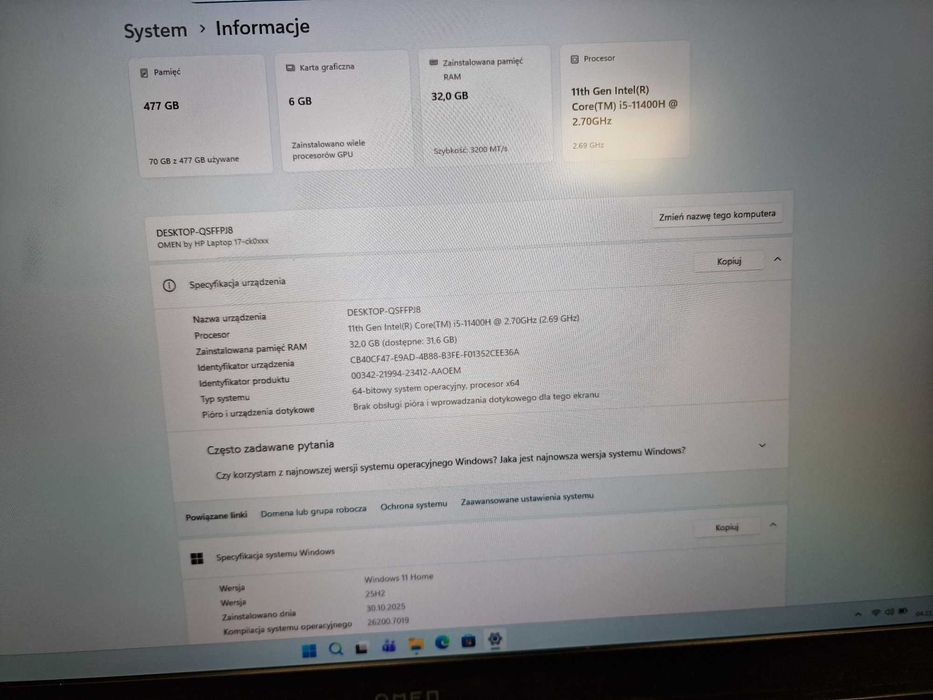 HP OMEN 17-ck0720nw/ i5-11400H/ 32GB/ 512GB/ RTX 3060 6GB/ 17.3" FHD