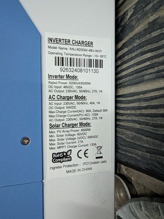 Гібридний інвертор Anenji ANJ-6200W 48V Wi-Fi 5кВт