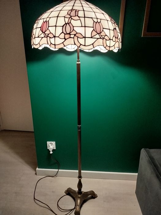 Duża Lampa Podłogowa TIFFANY 161 cm | Witraż 52 cm | Mosiądz