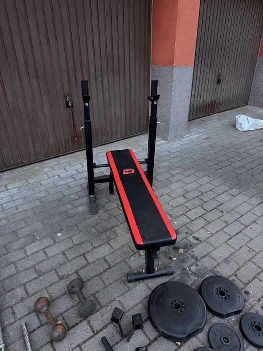 Zestaw Siłownia 118kg | Ławka Hop-Sport HS-1080 + Gryfy + 8x Hantle