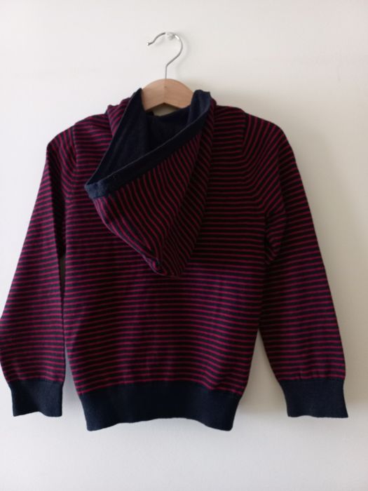 Casaco de malha, riscas azuis e vermelhas, capuz, 4 anos, Jacadi Paris