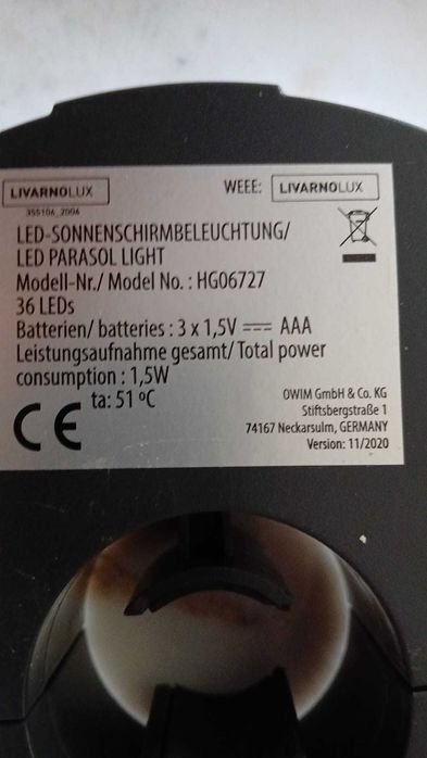 Lâmpada Led para guarda sol