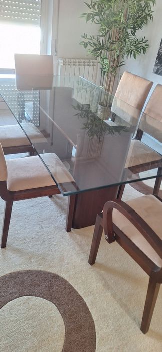 Mesa Jantar em Madeira  Tampo de Vidro + 6 Cadeiras + Oferta Tapete