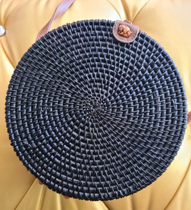 Bolsa Carteira Palhinha entrelaçada Preta redonda Mala Moda verão