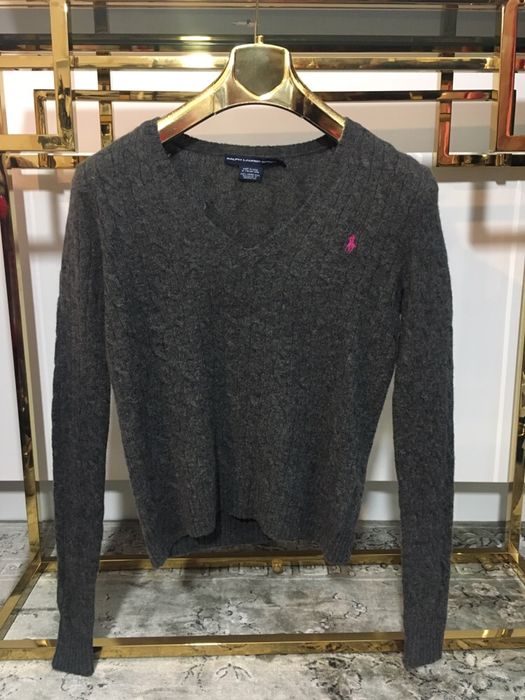 Oryginalny szary sweter Ralph Lauren 100% wełna warkocze sweterek