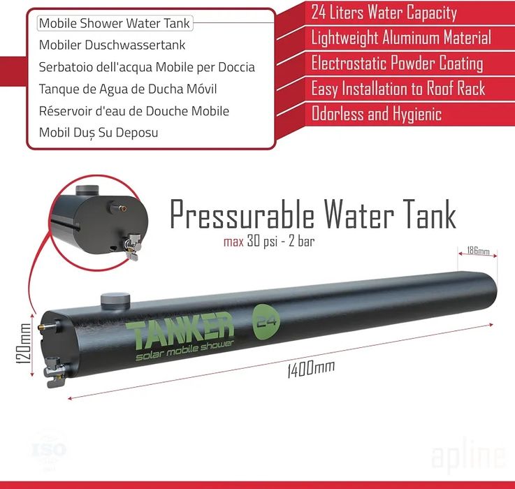 TANKER Solar Shower 24L – Depósito de Água Pressurizado para Overland / 4x4