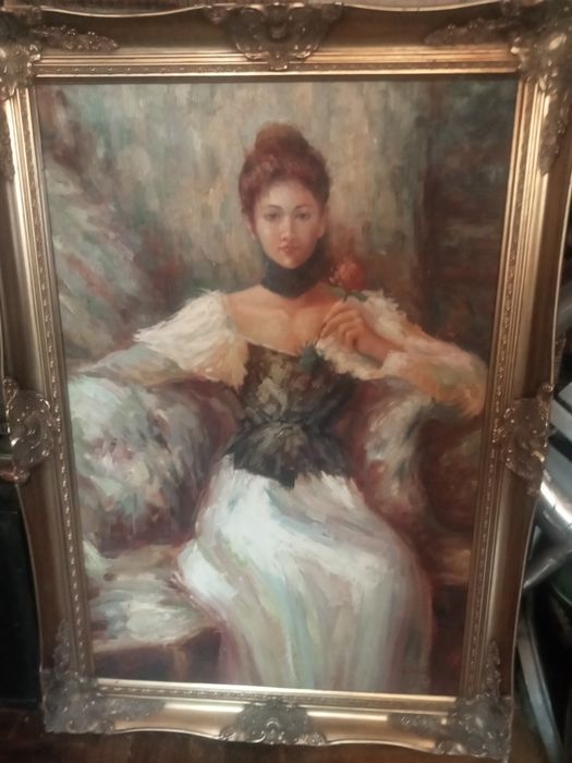 Rękodzieło Stary Obraz olejny Dama namalowany ręcznie farbami na płótn
