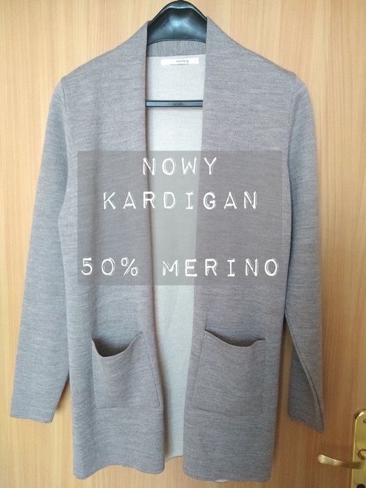 Sabin Linnebjerg Duński elegancki długi kardigan, 50% Merino, Rozmiar
