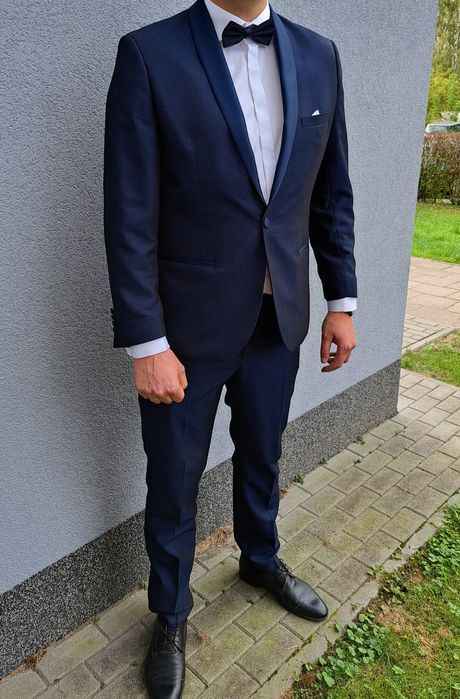 Garnitur ślubny marynarka smokingowa spodnie dla wysokiego pana granat