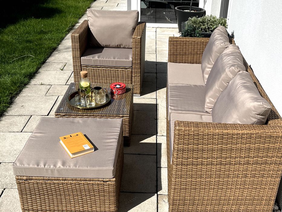 (GD) BORNEO zestaw technorattan beżowoszary sofa fotel pufa