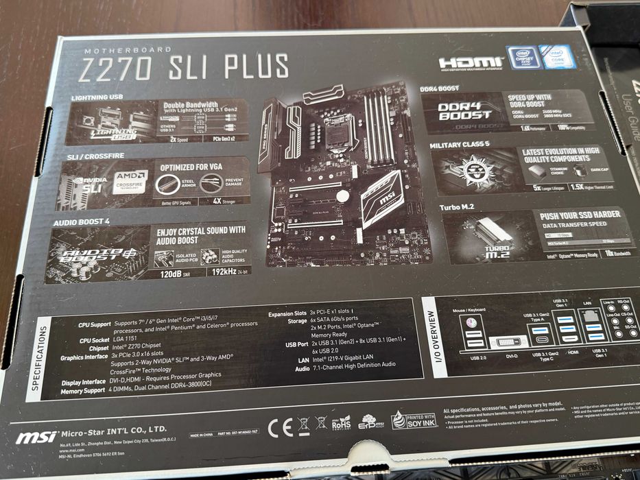 MSI Z270 SLI PLUS LGA1151 DDR4 ATX BOX + I/O Shield + Akcesoria